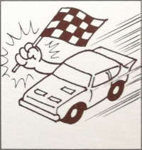 Line drawing of a sports car with and arm protruding that's holding a chequered flag.