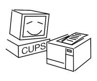Line drawing of an anthropomorphised computer, with closed eyes and a smile, looking at a printer.